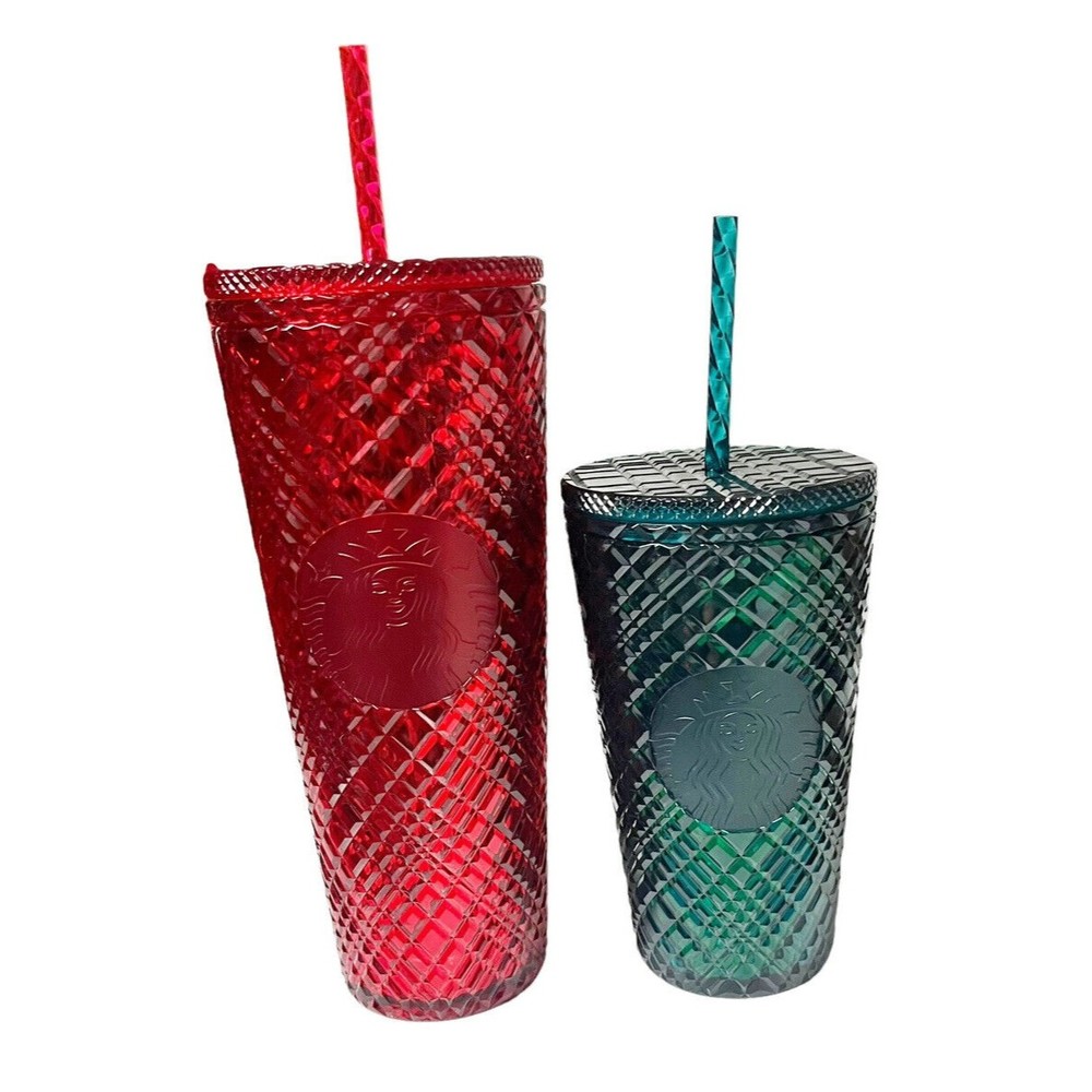 NEW Set of 2 Starbucks Tumblers Red Jeweled Venti & Green Jeweled Grande Holiday